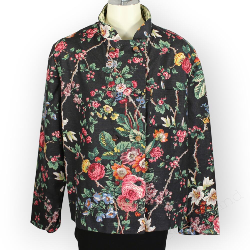 Vintage Susan McDuffie Atlanta Linen Chef Coat Jacket Art To Wear Floral L